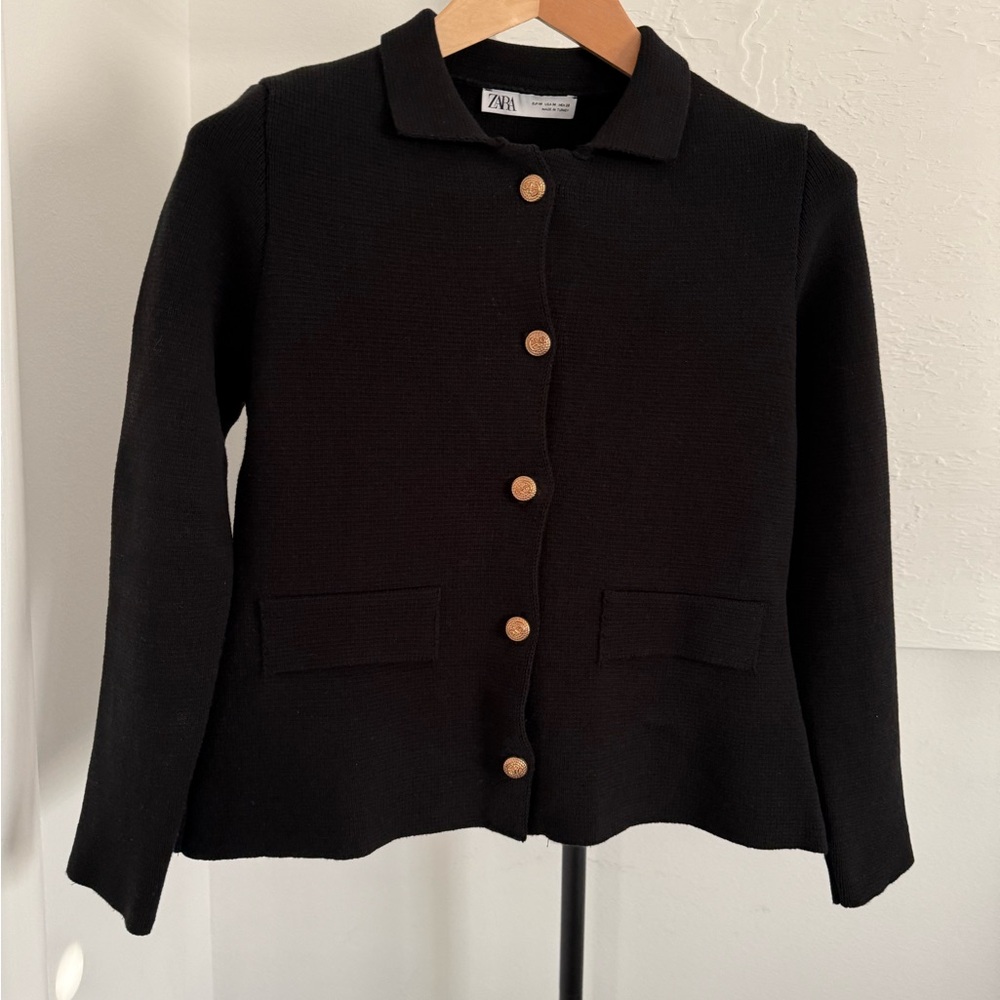 Zara Women's Black Knit Structured Top or Jacket with Gold Buttons